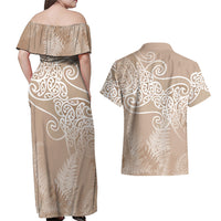 Aotearoa Maori Koru Curves Couples Matching Off Shoulder Maxi Dress and Hawaiian Shirt Silver Ferns - Mocha