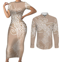 Aotearoa Maori Koru Curves Couples Matching Short Sleeve Bodycon Dress and Long Sleeve Button Shirt Silver Ferns - Mocha