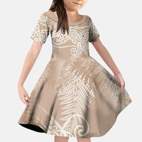 Aotearoa Maori Koru Curves Family Matching Mermaid Dress and Hawaiian Shirt Silver Ferns - Mocha LT7 Daughter's Dress Beige - Polynesian Pride