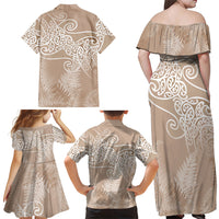Aotearoa Maori Koru Curves Family Matching Off Shoulder Maxi Dress and Hawaiian Shirt Silver Ferns - Mocha