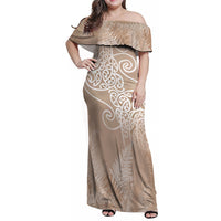 Aotearoa Maori Koru Curves Family Matching Off Shoulder Maxi Dress and Hawaiian Shirt Silver Ferns - Mocha