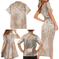 Aotearoa Maori Koru Curves Family Matching Short Sleeve Bodycon Dress and Hawaiian Shirt Silver Ferns - Mocha