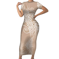 Aotearoa Maori Koru Curves Family Matching Short Sleeve Bodycon Dress and Hawaiian Shirt Silver Ferns - Mocha