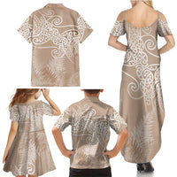 Aotearoa Maori Koru Curves Family Matching Summer Maxi Dress and Hawaiian Shirt Silver Ferns - Mocha
