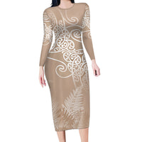 Aotearoa Maori Koru Curves Long Sleeve Bodycon Dress Silver Ferns - Mocha LT7 Long Dress Beige - Polynesian Pride