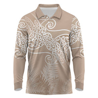 Aotearoa Maori Koru Curves Long Sleeve Polo Shirt Silver Ferns - Mocha