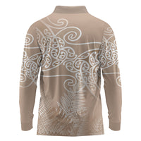Aotearoa Maori Koru Curves Long Sleeve Polo Shirt Silver Ferns - Mocha
