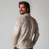 Aotearoa Maori Koru Curves Long Sleeve Polo Shirt Silver Ferns - Mocha