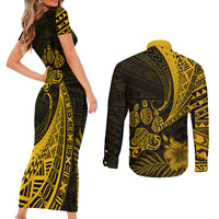 Personalised Polynesian Pacific Bulldog Couples Matching Short Sleeve Bodycon Dress and Long Sleeve Button Shirts With Gold Hawaii Tribal Tattoo Patterns LT7 - Polynesian Pride