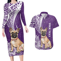 Personalised Polynesian Pacific Bulldog Couples Matching Long Sleeve Bodycon Dress and Hawaiian Shirt With Violet Hawaii Tribal Tattoo Patterns LT7 Purple - Polynesian Pride