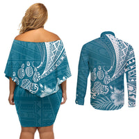 Personalised Polynesian Pacific Bulldog Couples Matching Off Shoulder Short Dress and Long Sleeve Button Shirts With Teal Hawaii Tribal Tattoo Patterns LT7 - Polynesian Pride