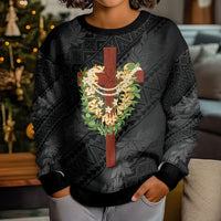 Hawaii Ka Pule a ka Haku Memorial Kid Ugly Christmas Sweater Flower Lei Cross - Black