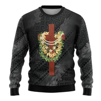 Hawaii Ka Pule a ka Haku Memorial Ugly Christmas Sweater Flower Lei Cross - Black