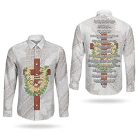 Hawaii Ka Pule a ka Haku Memorial Couples Matching Off The Shoulder Long Sleeve Dress and Long Sleeve Button Shirt Flower Lei Cross - Ivory White LT7 - Polynesian Pride