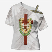 Hawaii Ka Pule a ka Haku Memorial Cross Shoulder Shirt Flower Lei Cross - Ivory White LT7 Female Ivory - Polynesian Pride