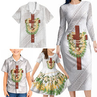 Hawaii Ka Pule a ka Haku Memorial Family Matching Long Sleeve Bodycon Dress and Hawaiian Shirt Flower Lei Cross - Ivory White LT7 - Polynesian Pride