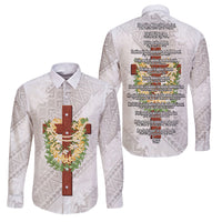 Hawaii Ka Pule a ka Haku Memorial Family Matching Off The Shoulder Long Sleeve Dress and Hawaiian Shirt Flower Lei Cross - Ivory White LT7 Dad's Shirt - Long Sleeve Ivory - Polynesian Pride