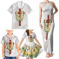 Hawaii Ka Pule a ka Haku Memorial Family Matching Tank Maxi Dress and Hawaiian Shirt Flower Lei Cross - Ivory White LT7 - Polynesian Pride