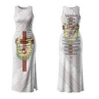 Hawaii Ka Pule a ka Haku Memorial Family Matching Tank Maxi Dress and Hawaiian Shirt Flower Lei Cross - Ivory White LT7 Mom's Dress Ivory - Polynesian Pride