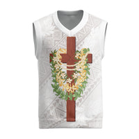 Hawaii Ka Pule a ka Haku Memorial Christmas Knitted V-Neck Vest Flower Lei Cross - Ivory White