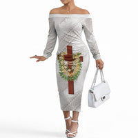 Hawaii Ka Pule a ka Haku Memorial Off The Shoulder Long Sleeve Dress Flower Lei Cross - Ivory White LT7 Women Ivory - Polynesian Pride