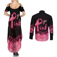 Polynesian Couples Matching Summer Maxi Dress and Long Sleeve Button Shirts Plumeria Breast Cancer Awareness Survivor Ribbon Pink LT7 - Polynesian Pride