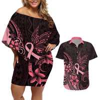 Polynesian Couples Matching Off Shoulder Short Dress and Hawaiian Shirt Breast Cancer RIbbon Butterfly Mix Plumeria Curves Pink LT7 Black Pink - Polynesian Pride