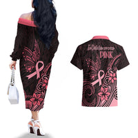 Polynesian Couples Matching Off The Shoulder Long Sleeve Dress and Hawaiian Shirt Breast Cancer RIbbon Butterfly Mix Plumeria Curves Pink LT7 - Polynesian Pride