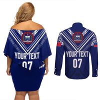 Personalised Samoa Rugby Couples Matching Off Shoulder Short Dress and Long Sleeve Button Shirts World Cup 2023 Siamupini Siva Tau LT7 - Polynesian Pride