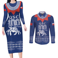 Queen Salote College 100 Years Anniversary Personalized Couples Matching Long Sleeve Bodycon Dress and Long Sleeve Button Shirt Tonga QSC Royal Blue - Polynesian Pride