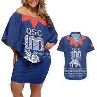 Queen Salote College 100 Years Anniversary Personalized Couples Matching Off Shoulder Short Dress and Hawaiian Shirt Tonga QSC Royal Blue - Polynesian Pride