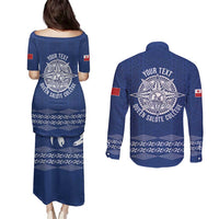 Queen Salote College 100 Years Anniversary Personalized Couples Matching Puletasi and Long Sleeve Button Shirt Tonga QSC Royal Blue - Polynesian Pride