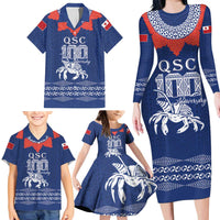 Queen Salote College 100 Years Anniversary Personalized Family Matching Long Sleeve Bodycon Dress and Hawaiian Shirt Tonga QSC Royal Blue - Polynesian Pride
