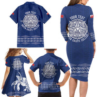 Queen Salote College 100 Years Anniversary Personalized Family Matching Long Sleeve Bodycon Dress and Hawaiian Shirt Tonga QSC Royal Blue - Polynesian Pride