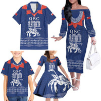 Queen Salote College 100 Years Anniversary Personalized Family Matching Off The Shoulder Long Sleeve Dress and Hawaiian Shirt Tonga QSC Royal Blue - Polynesian Pride