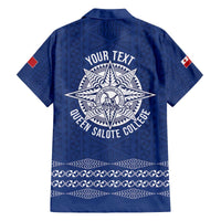 Queen Salote College 100 Years Anniversary Personalized Family Matching Off The Shoulder Long Sleeve Dress and Hawaiian Shirt Tonga QSC Royal Blue - Polynesian Pride