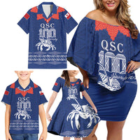 Queen Salote College 100 Years Anniversary Personalized Family Matching Off Shoulder Short Dress and Hawaiian Shirt Tonga QSC Royal Blue - Polynesian Pride