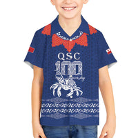 Queen Salote College 100 Years Anniversary Personalized Family Matching Off Shoulder Short Dress and Hawaiian Shirt Tonga QSC Royal Blue - Polynesian Pride