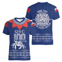 Queen Salote College 100 Years Anniversary Personalized Women V-Neck T-Shirt Tonga QSC Royal Blue - Polynesian Pride