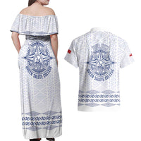 Queen Salote College 100 Years Anniversary Personalized Couples Matching Off Shoulder Maxi Dress and Hawaiian Shirt Tonga QSC White - Polynesian Pride