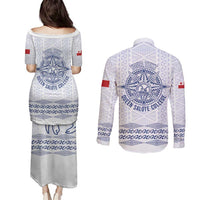 Queen Salote College 100 Years Anniversary Personalized Couples Matching Puletasi and Long Sleeve Button Shirt Tonga QSC White - Polynesian Pride