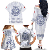 Queen Salote College 100 Years Anniversary Personalized Family Matching Off The Shoulder Long Sleeve Dress and Hawaiian Shirt Tonga QSC White - Polynesian Pride