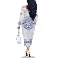 Queen Salote College 100 Years Anniversary Personalized Family Matching Off The Shoulder Long Sleeve Dress and Hawaiian Shirt Tonga QSC White - Polynesian Pride