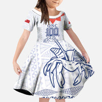 Queen Salote College 100 Years Anniversary Personalized Family Matching Off Shoulder Maxi Dress and Hawaiian Shirt Tonga QSC White LT7 Daughter's Dress White - Polynesian Pride