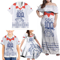 Queen Salote College 100 Years Anniversary Personalized Family Matching Off Shoulder Maxi Dress and Hawaiian Shirt Tonga QSC White LT7 - Polynesian Pride