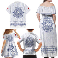 Queen Salote College 100 Years Anniversary Personalized Family Matching Off Shoulder Maxi Dress and Hawaiian Shirt Tonga QSC White LT7 - Polynesian Pride