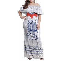 Queen Salote College 100 Years Anniversary Personalized Family Matching Off Shoulder Maxi Dress and Hawaiian Shirt Tonga QSC White LT7 Mom's Dress White - Polynesian Pride