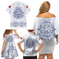 Queen Salote College 100 Years Anniversary Personalized Family Matching Off Shoulder Short Dress and Hawaiian Shirt Tonga QSC White - Polynesian Pride
