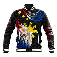 Personalised Philippines Tribal Baseball Jacket Mix Plumeria - Flag Colors LT7 Unisex Black - Polynesian Pride