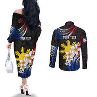 Personalised Philippines Tribal Couples Matching Off The Shoulder Long Sleeve Dress and Long Sleeve Button Shirt Mix Plumeria - Flag Colors LT7 - Polynesian Pride